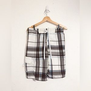 Carbon Plaid Bathing Suit Size Small NWOT Unused Pockets Tie Waist Mesh Lined